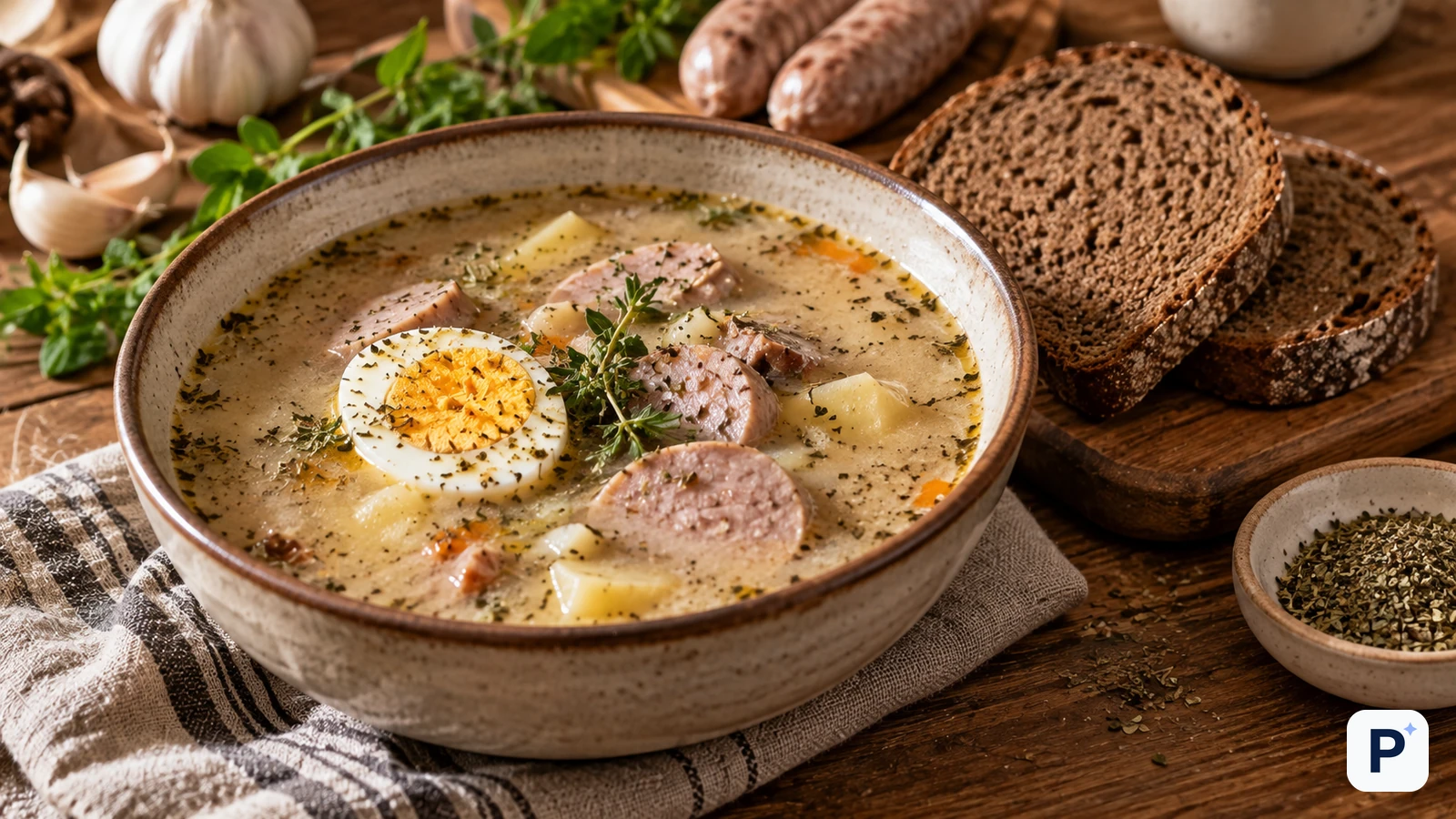 Talerz tradycyjnego żurku z białą kiełbasą i jajkiem
